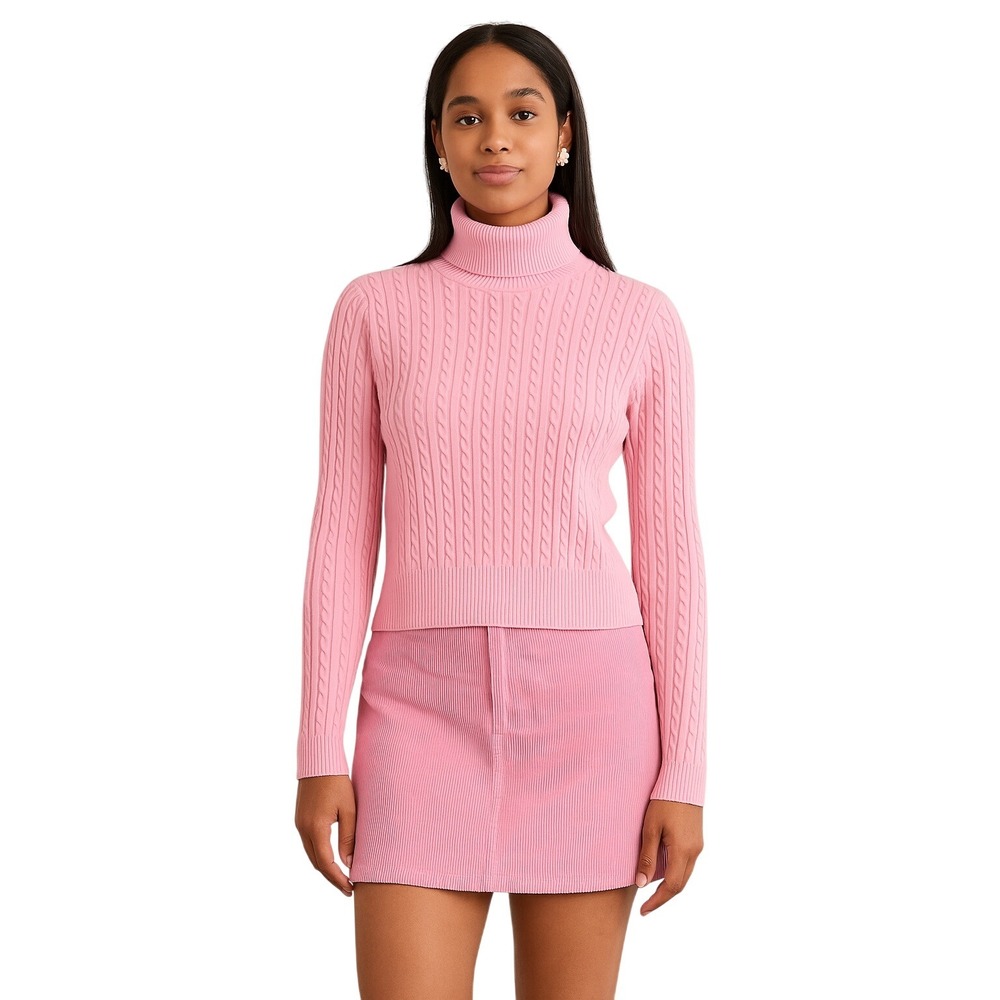 ALEXIA ADMOR Candy Pink Cable Knit Turtleneck Sweater soft girl NEW Size L